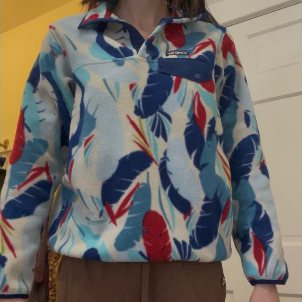 Patagonia Fleece Pullover with Blue and Red Leaf Print